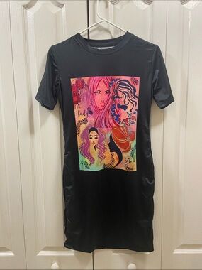 Black Graphic T-Shirt Dress with Colorful Portrait Print